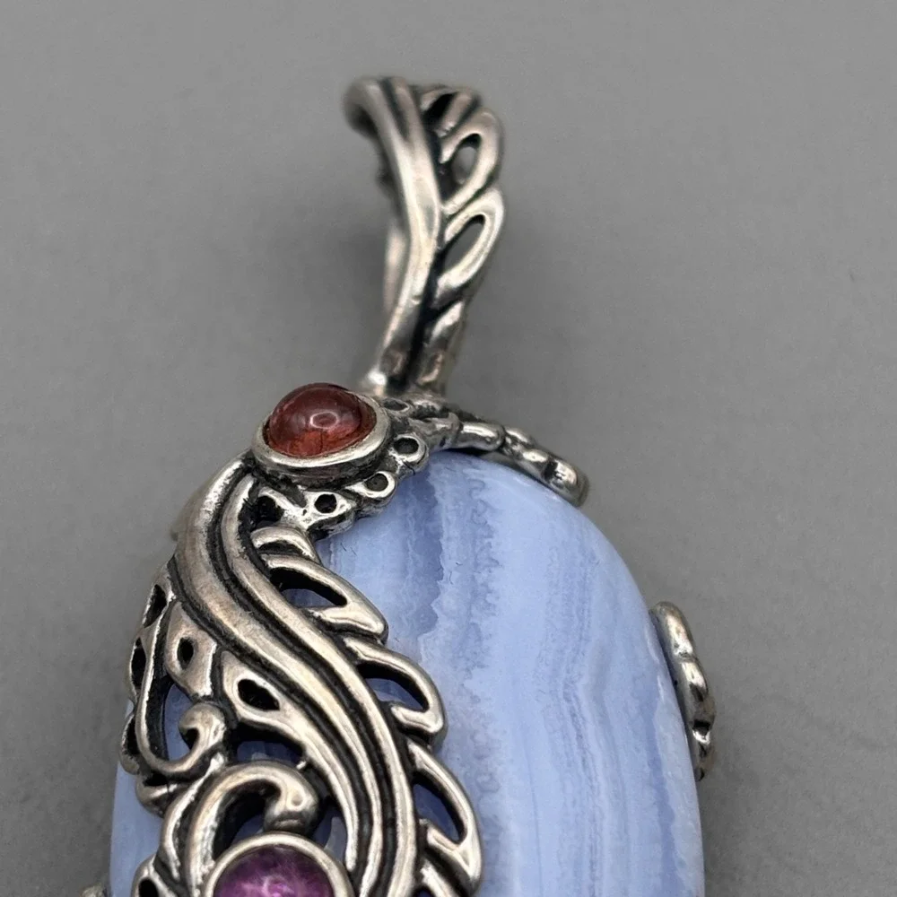 Vintage Carolyn Pollack Relios Sterling Blue Lace Agate Pendant 2.5